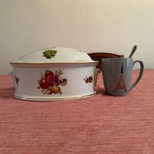Vtg Louis Lourioux Le Faune fireproof porcelain covered casserole dish veg motif